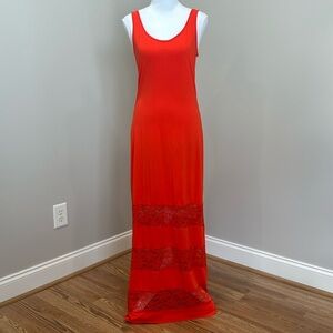 Bright Orange Sleeveless Maxi Dress with Lace Band Details on Skirt